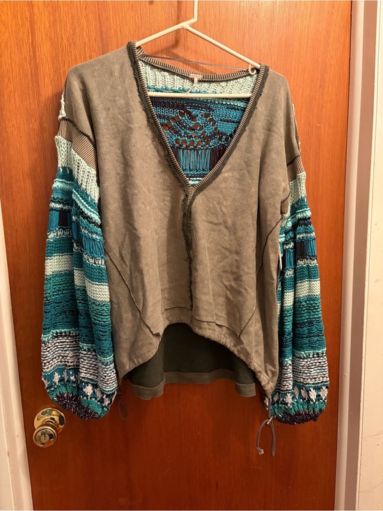 Free People Tops - Free People Medium Carbon Pullover with Teal Crochet Statement Sleeves NWT